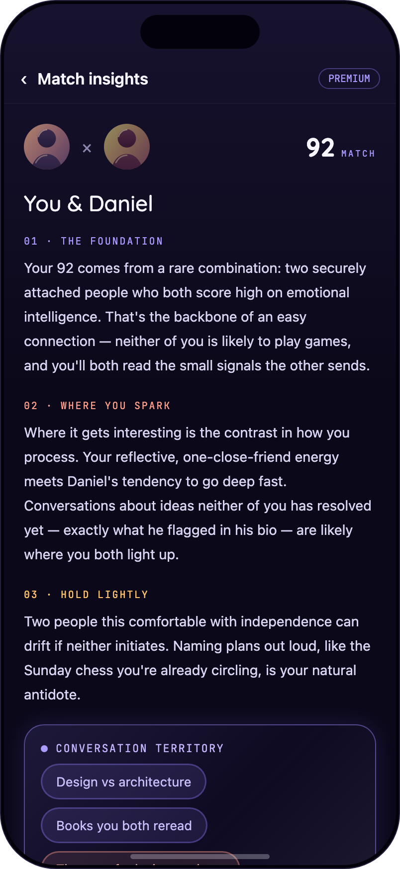 Match insights: a chaptered breakdown explaining why two people scored 92, with conversation suggestions.
