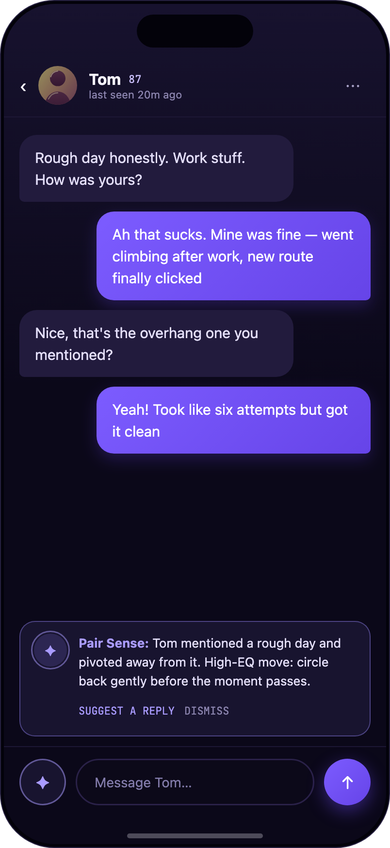 Pair Sense: live AI coaching sliding between the chat thread and the keyboard.